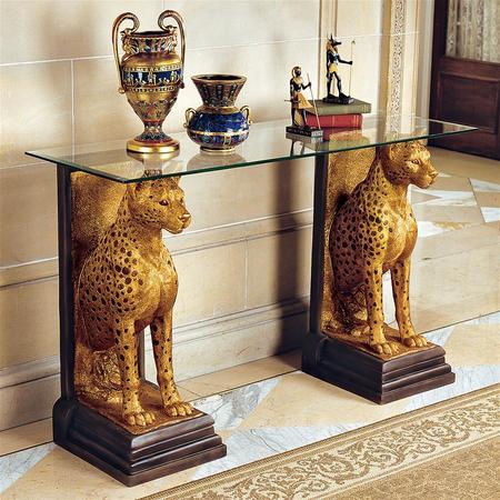 DESIGN TOSCANO Royal Egyptian Cheetahs Sculptural Glass-Topped Console KY559534